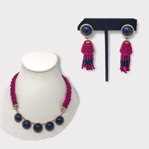 Talbots SET Seed Bead Pink & Navy Beaded Cabochon Stone Necklace & Earrings